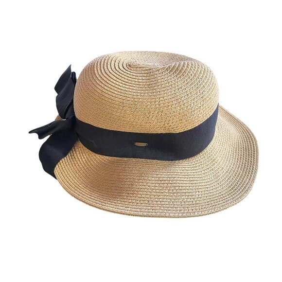 Scala Vintage Style Sun Hat With Black Ribbon Bow Handmade Paper Straw Women One - Picture 2 of 16